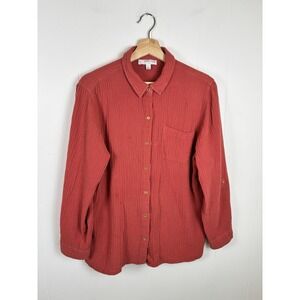 Anne Klein‎ Jeans Large Terra Cotta Pink Gauze Cotton Roll-tab Sleeve Shirt
